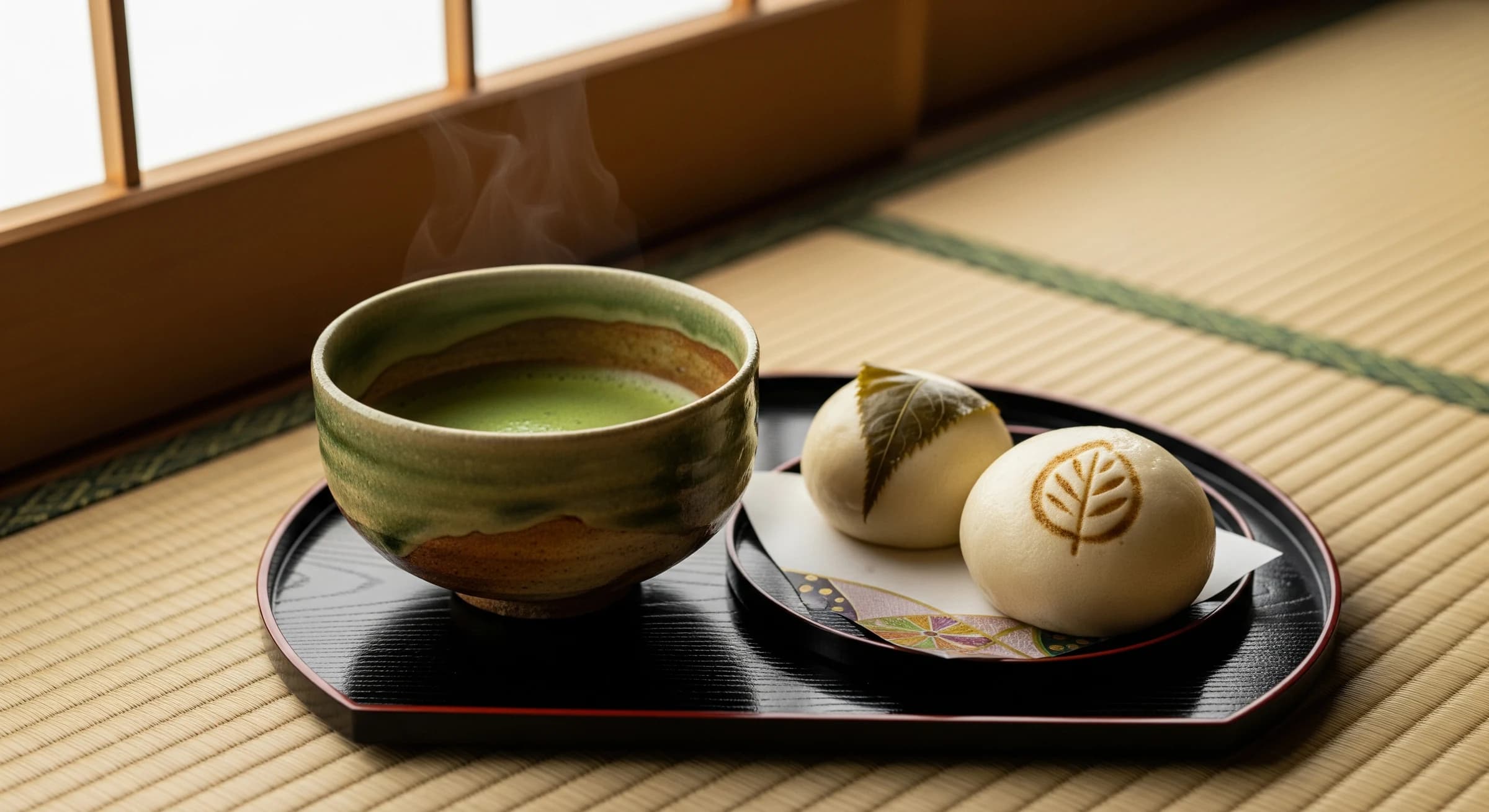 お饅頭と一服のお茶、店頭のおもてなし